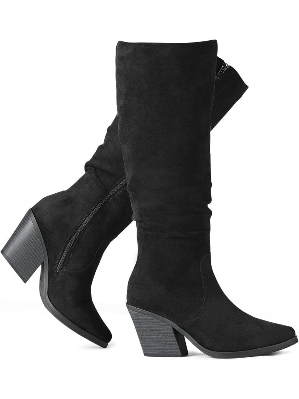 Women's Black Knee High Boots Faux Suede Boots With Chunky Heel Pointed Toe